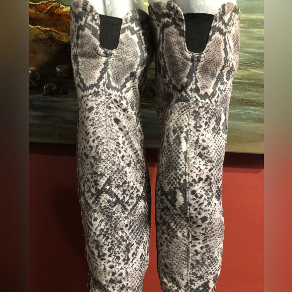 Snake-Print Over-the-Knee Block Heel Boots - Women